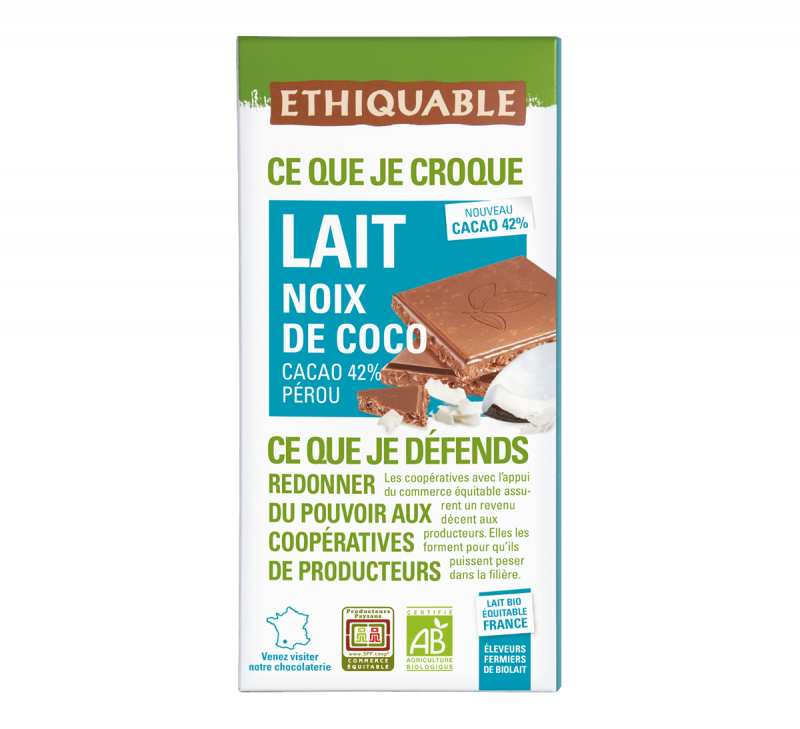 Chocolat au lait bio de France et Noix de coco - Commerce Equitable