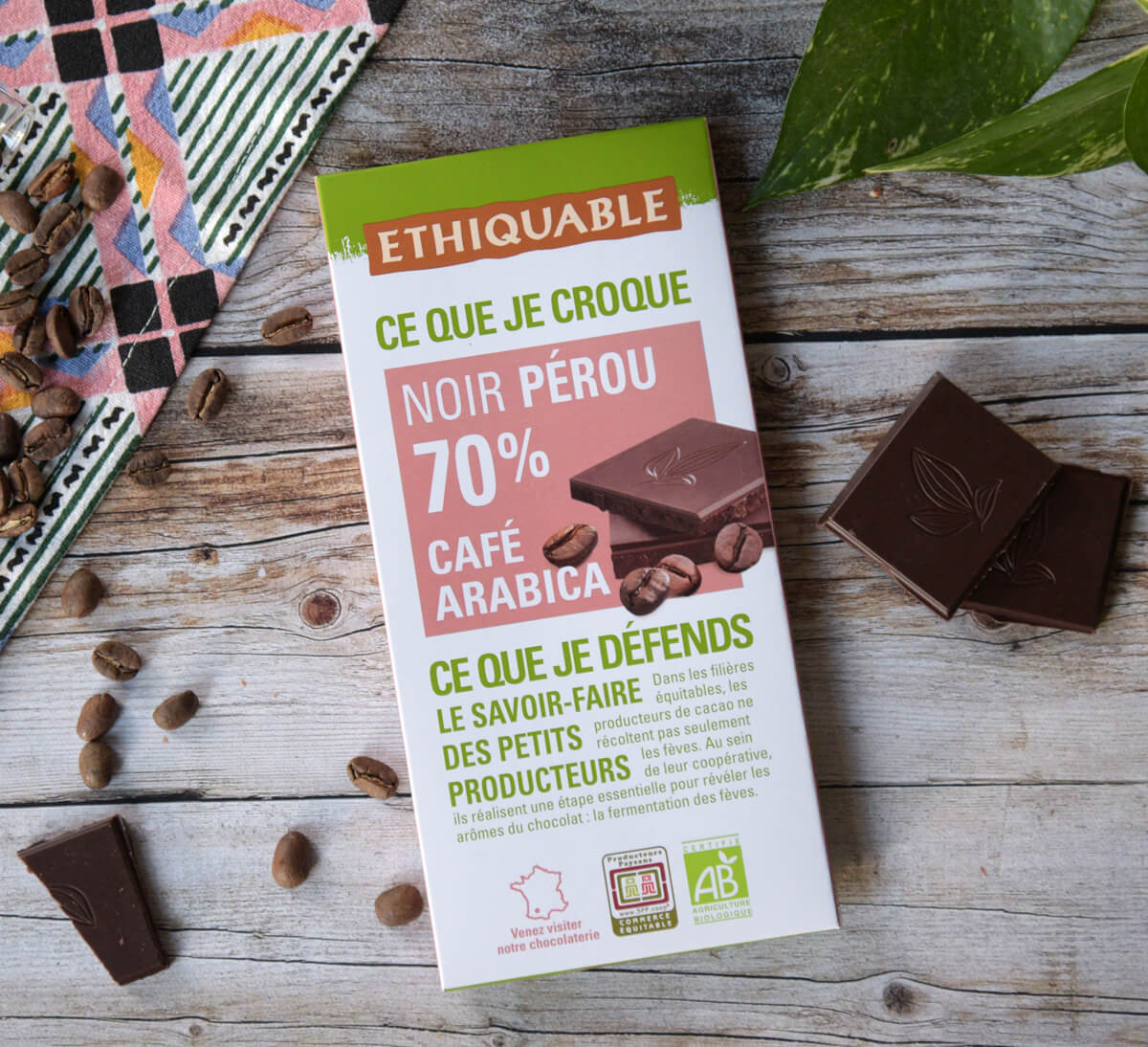 Chocolat noir 70% bio café arabica issu du Commerce équitable