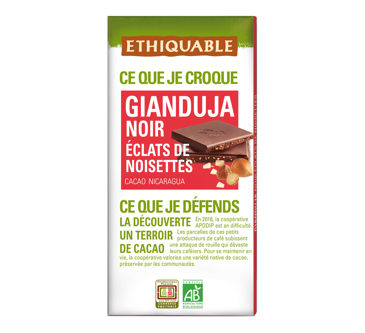 Tablette chocolat noir gianduja éclats de noisettes bio et issu du commerce équitable