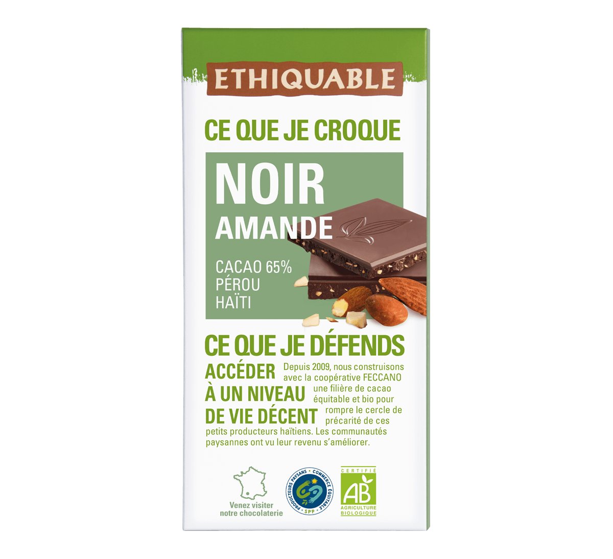 Chocolat noir bio aux Amandes issu du Commerce Equitable. Tablette fabriquée dans le Gers