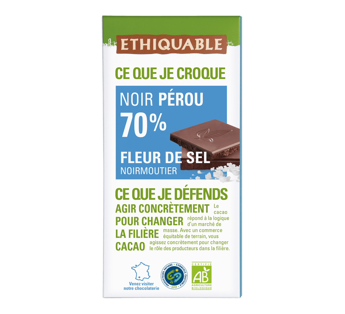 Tablette chocolat noir 70 % bio à la Fleur de sel de Noirmoutier issu du Commerce Equitable