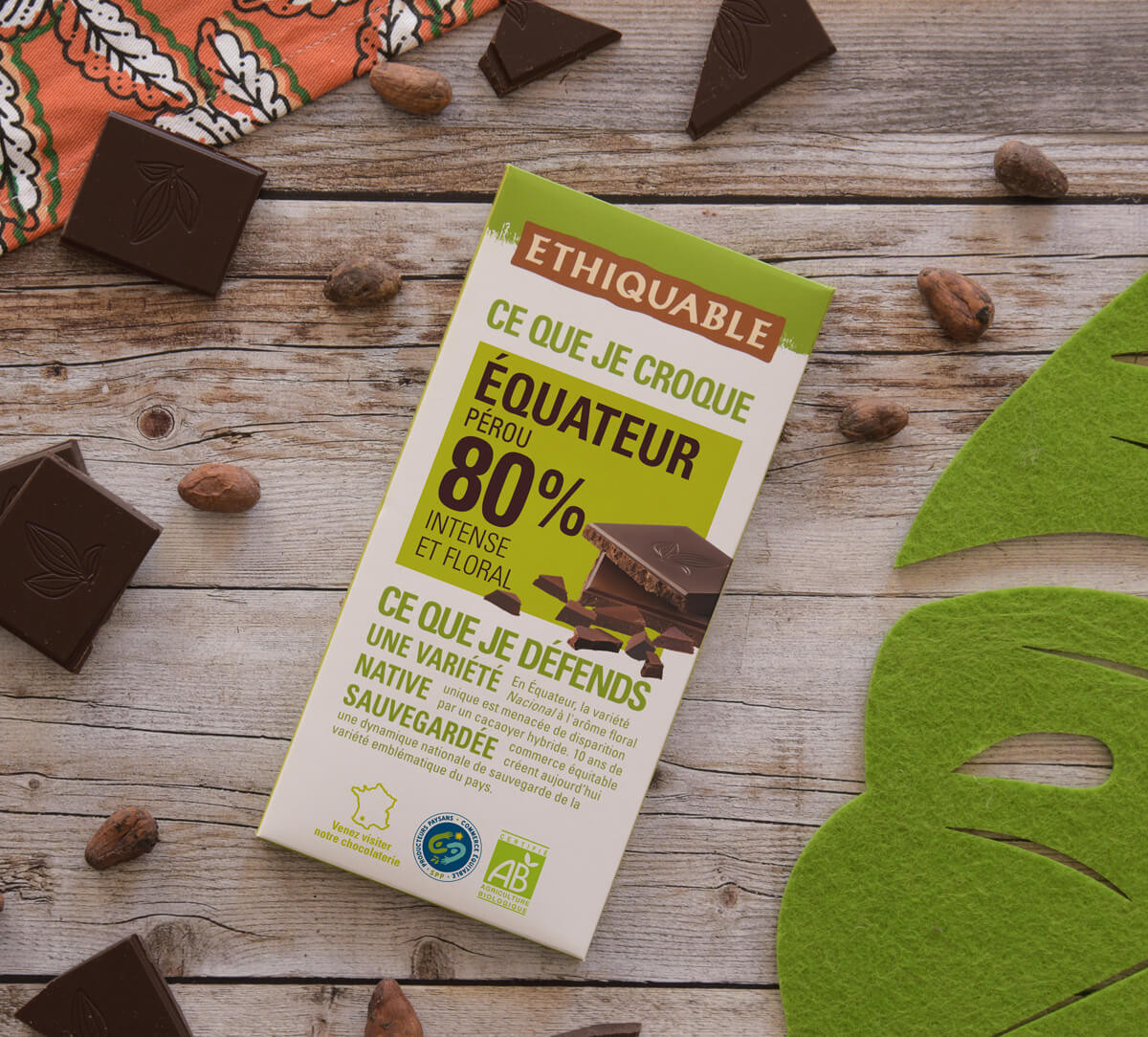 Tablette de chocolat noir bio équitable 80% d'Équateur intense & floral