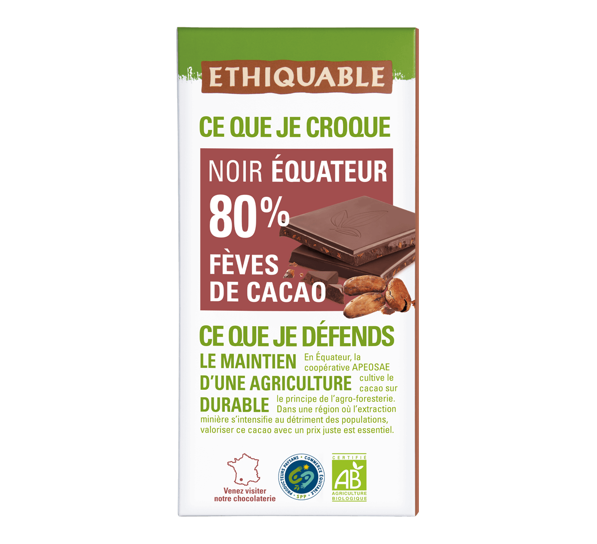 Chocolat noir 80% de cacao d'Equateur bio aux Fèves de cacao issu du Commerce Equitable