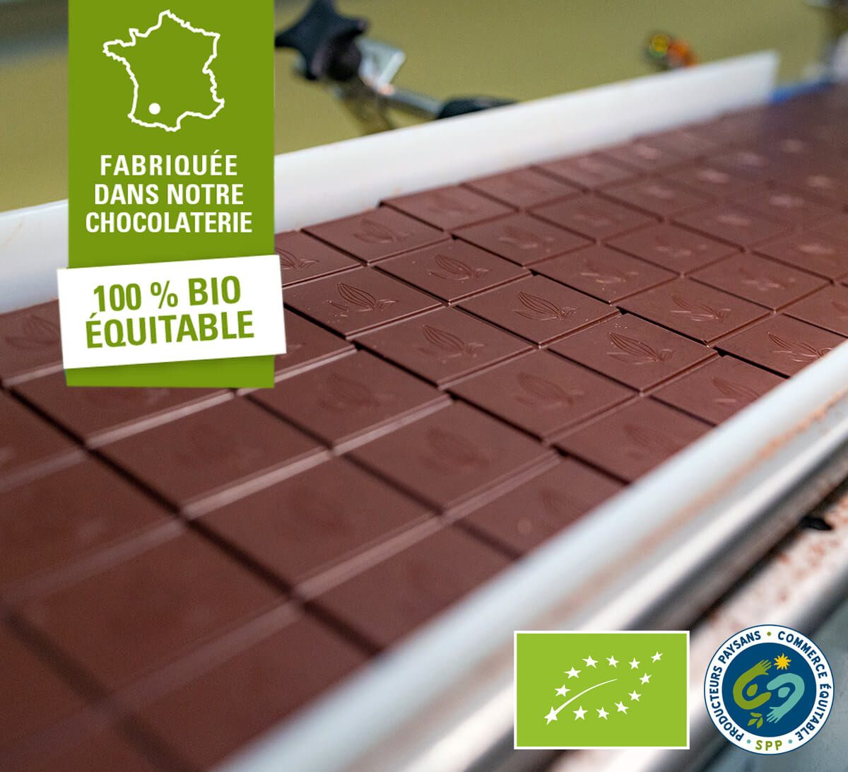 Cette tablette de chocolat noir 88% de Côte d'Ivoire est fabriquée dans notre chocolaterie 100% équitable et bio du Gers.
