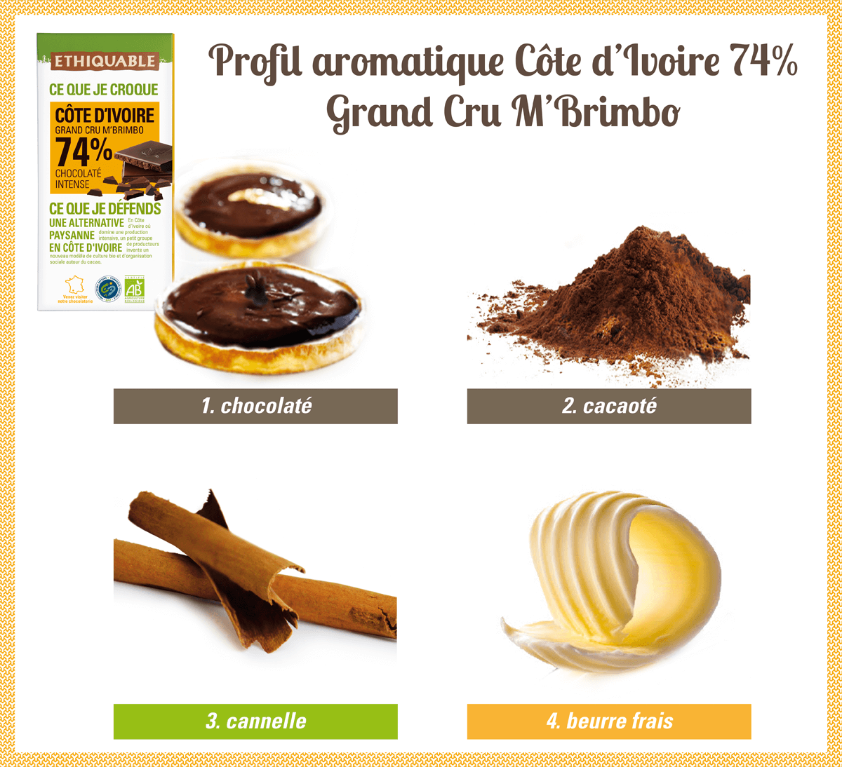 Profil aromatique chocolat noir 74% de cacao de Côte d'Ivoire Grand Cru M'Brimbo bio et équitable
