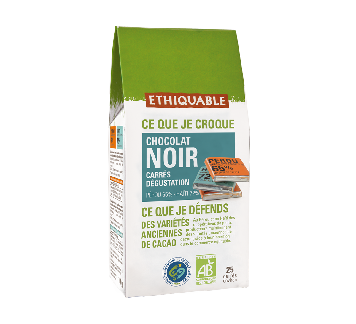 25 Carrés de dégustation chocolat noir bio issu du Commerce Equitable 70% chocolat Pérou et 72% Haiti