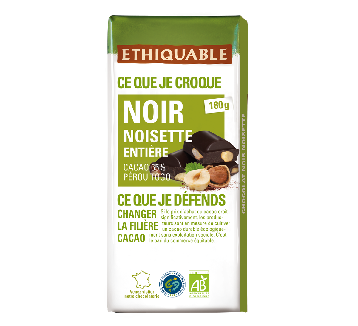 Chocolat noir bio 65% de cacao du Pérou issu du commerce équitable avec des noisettes entières