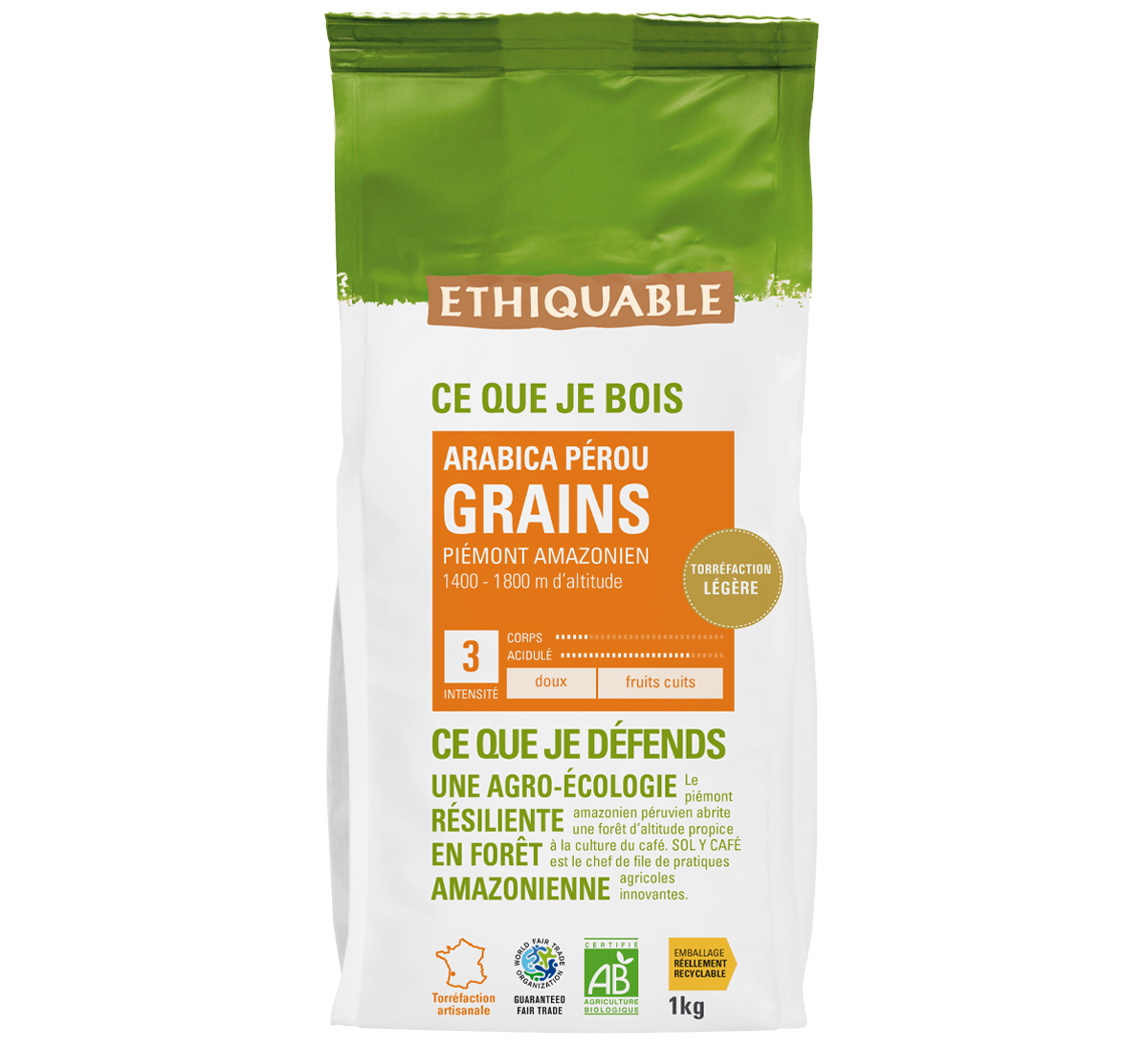 Café pur arabica bio du Pérou en grains issu du commerce équitable au format 1kg