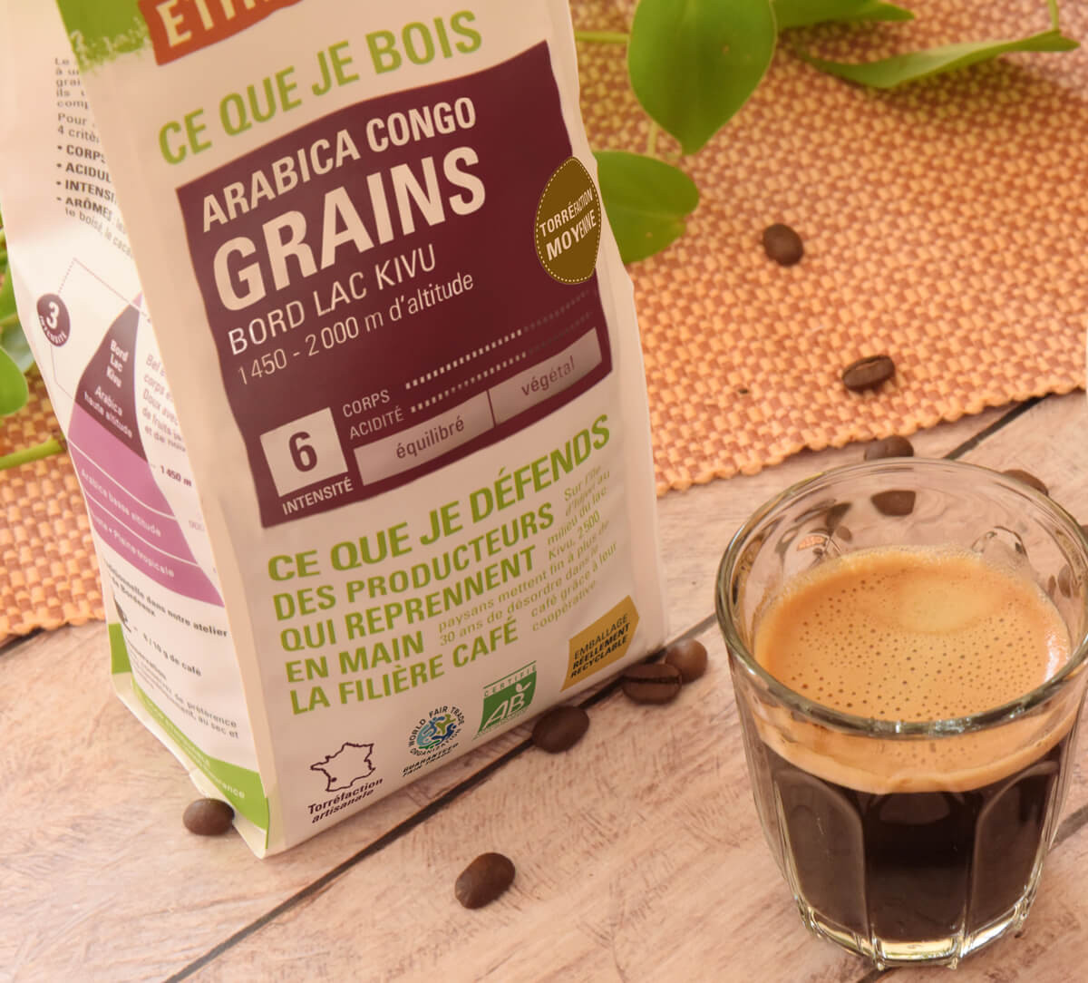 Paquet de café bio et équitable du Congo en grains, en format 500gr