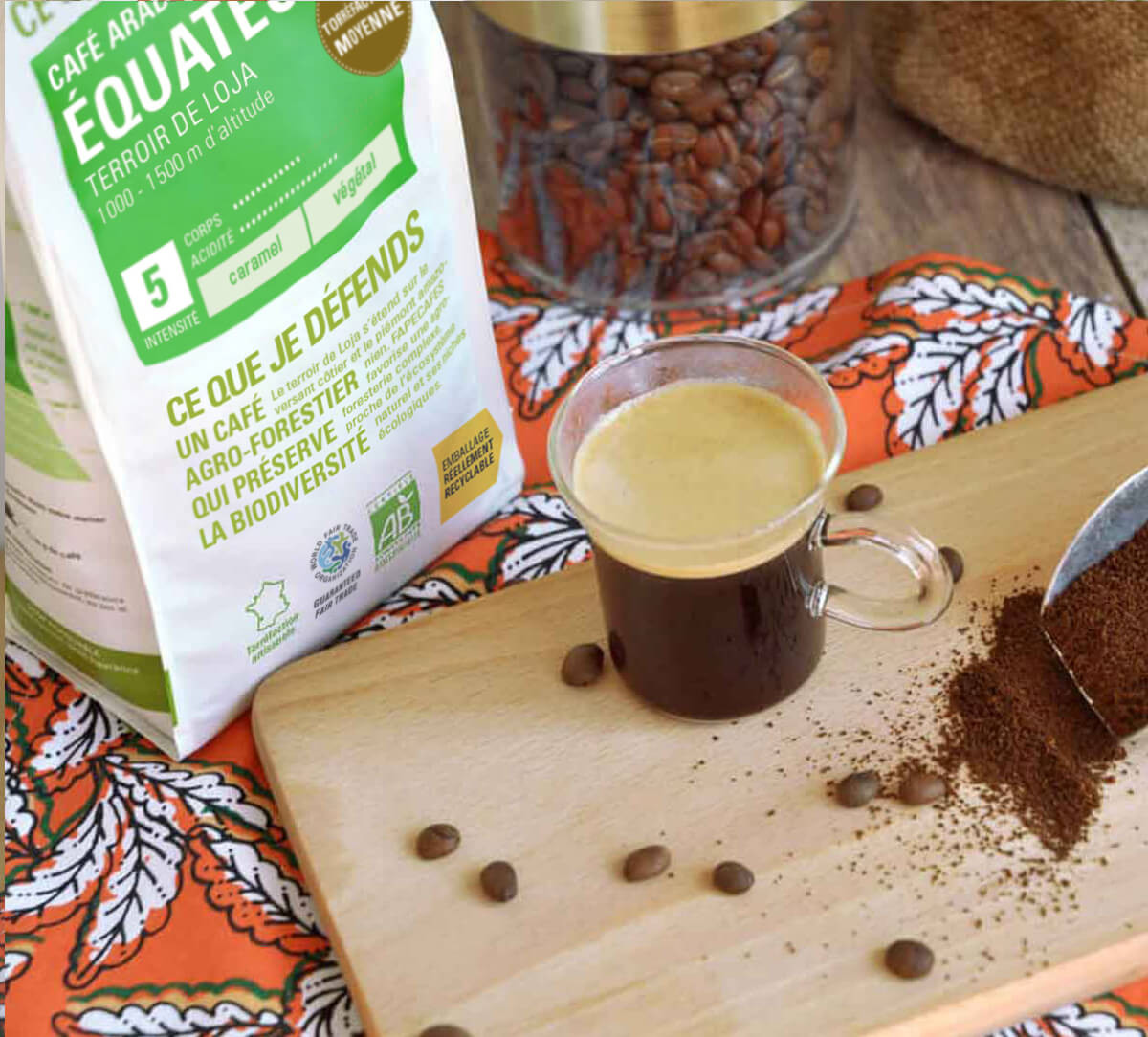 Paquet de café moulu bio et équitable d'Equateur, en format 500g