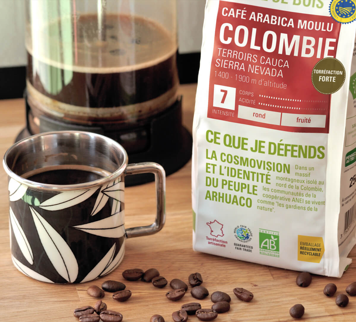 Paquet d'arabica moulu de Colombie bio et équitable, au format 250g